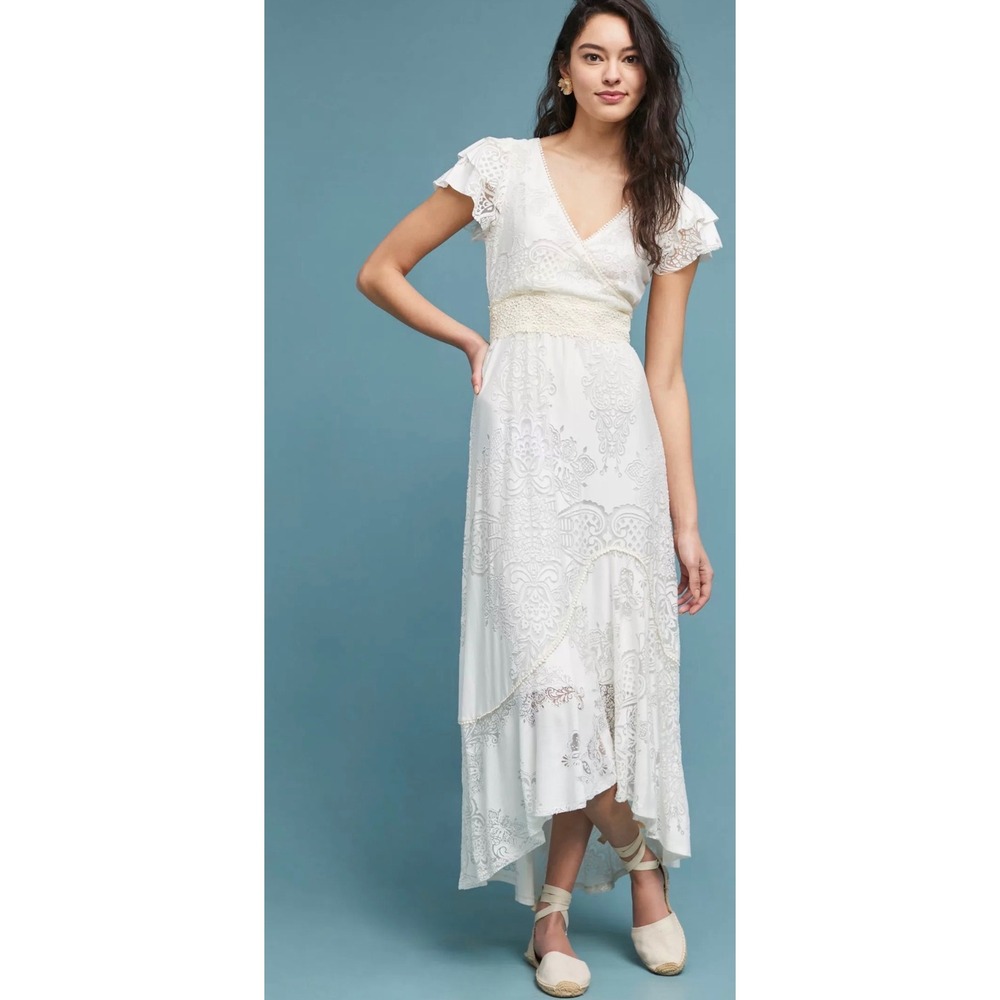 FARM RIO Gerty Maxi Dress White Boho Burnout Lace Surplice High Low Medium P